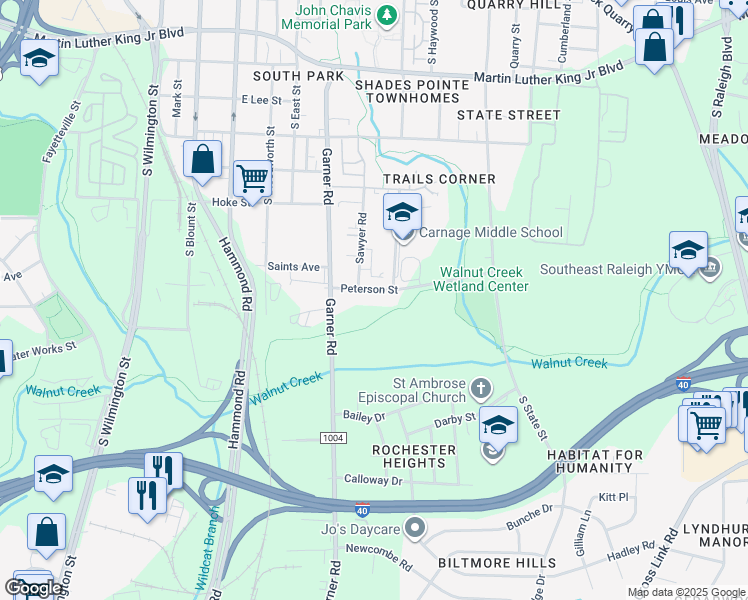 map of restaurants, bars, coffee shops, grocery stores, and more near 708 Peterson Street in Raleigh