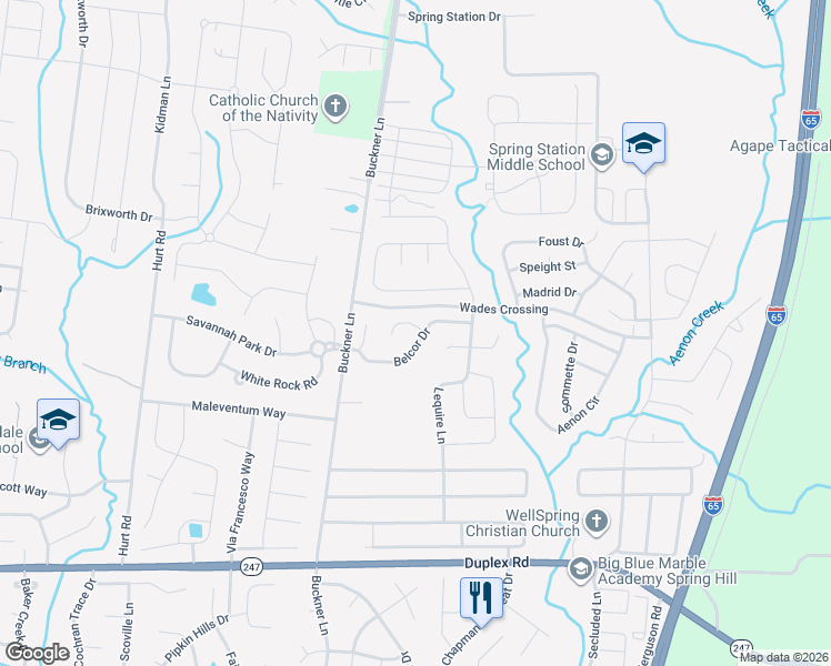 map of restaurants, bars, coffee shops, grocery stores, and more near 1029 Belcor Drive in Spring Hill