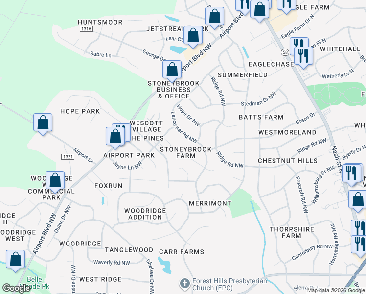 map of restaurants, bars, coffee shops, grocery stores, and more near 3317 Brook Lane Northwest in Wilson