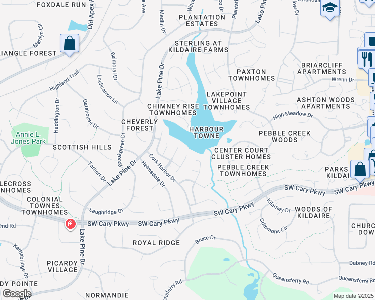 map of restaurants, bars, coffee shops, grocery stores, and more near 115 Leeward Court in Cary