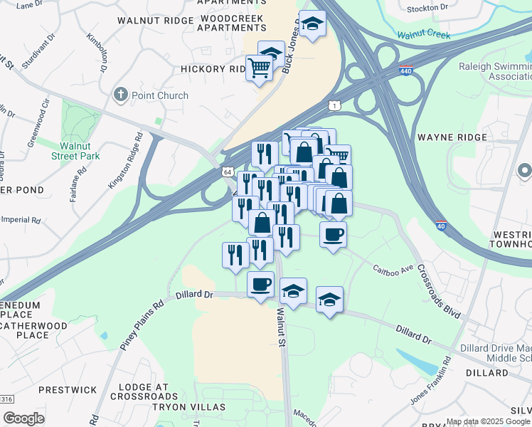 map of restaurants, bars, coffee shops, grocery stores, and more near 1815 Walnut Street in Cary