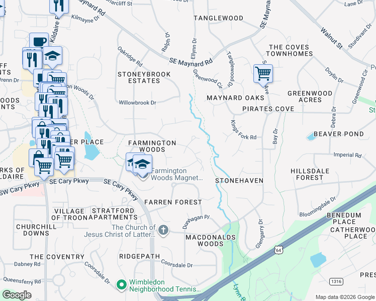 map of restaurants, bars, coffee shops, grocery stores, and more near 504 Farmington Woods Drive in Cary