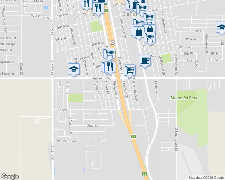 map of restaurants, bars, coffee shops, grocery stores, and more near 309 Ellington Street in Delano