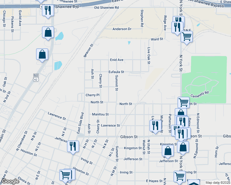 map of restaurants, bars, coffee shops, grocery stores, and more near 1410 Summit Street in Muskogee