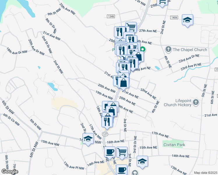 map of restaurants, bars, coffee shops, grocery stores, and more near 44 20th Avenue Northwest in Hickory