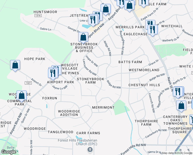 map of restaurants, bars, coffee shops, grocery stores, and more near 2705 Lancaster Road Northwest in Wilson