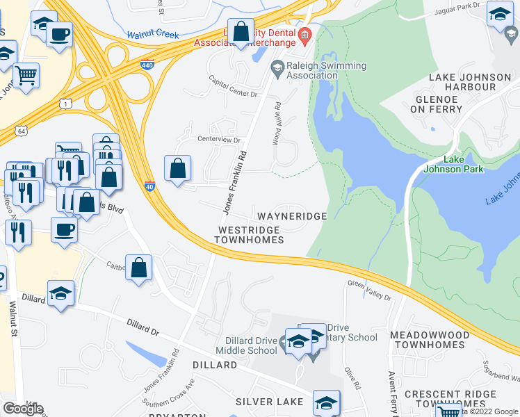 map of restaurants, bars, coffee shops, grocery stores, and more near 1511 Mary Frances Place in Raleigh