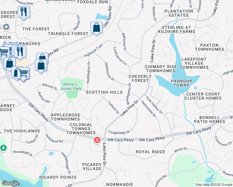 map of restaurants, bars, coffee shops, grocery stores, and more near 1207 Linton Court in Cary
