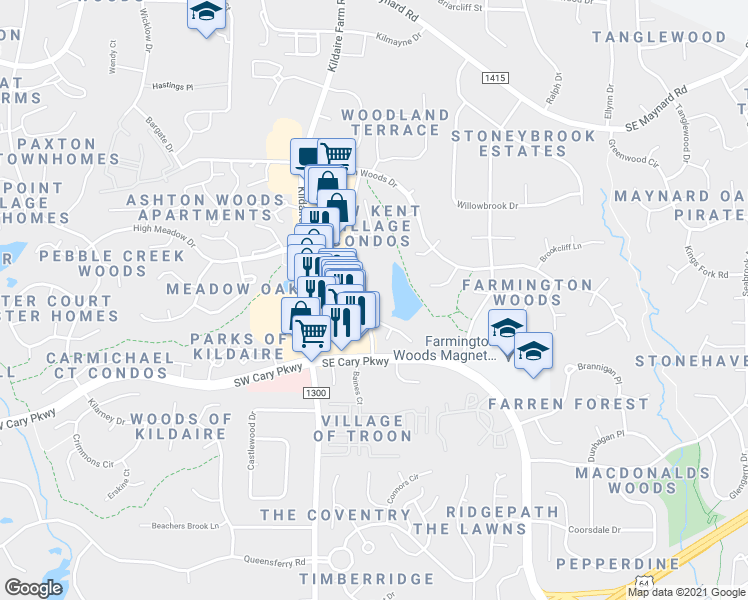 map of restaurants, bars, coffee shops, grocery stores, and more near 214 Hanover Place in Cary