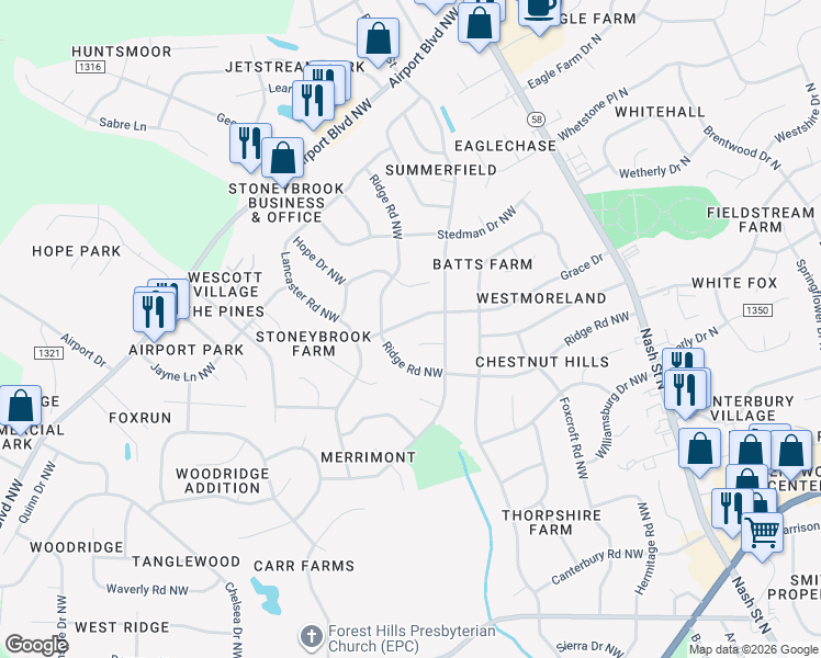 map of restaurants, bars, coffee shops, grocery stores, and more near 2613 Nottingham Road Northwest in Wilson