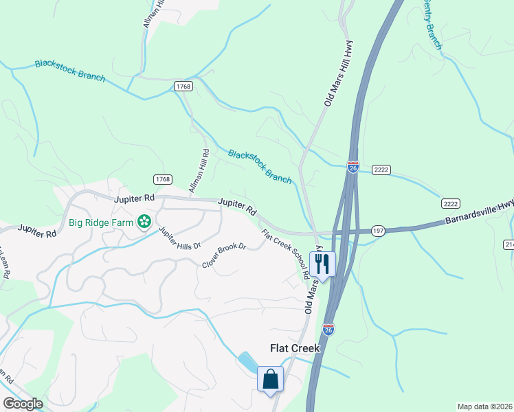 map of restaurants, bars, coffee shops, grocery stores, and more near 61 Jupiter Road in Weaverville