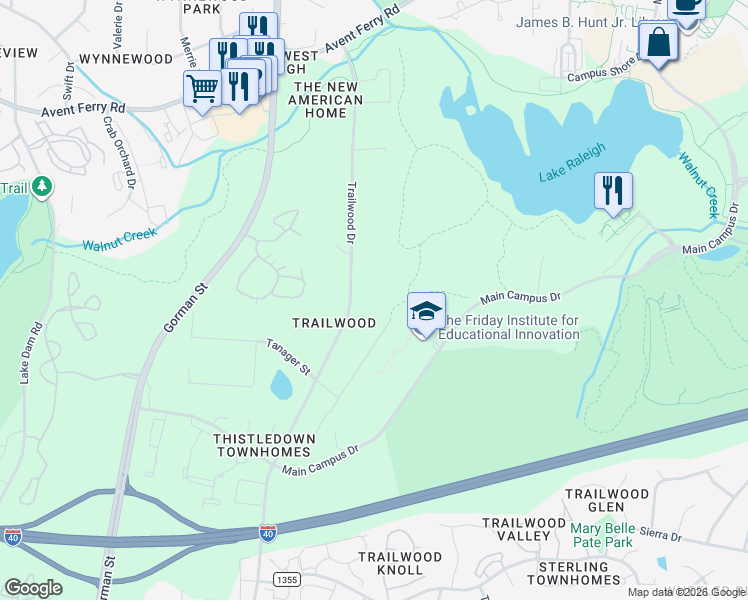 map of restaurants, bars, coffee shops, grocery stores, and more near 1415 Trailwood Drive in Raleigh