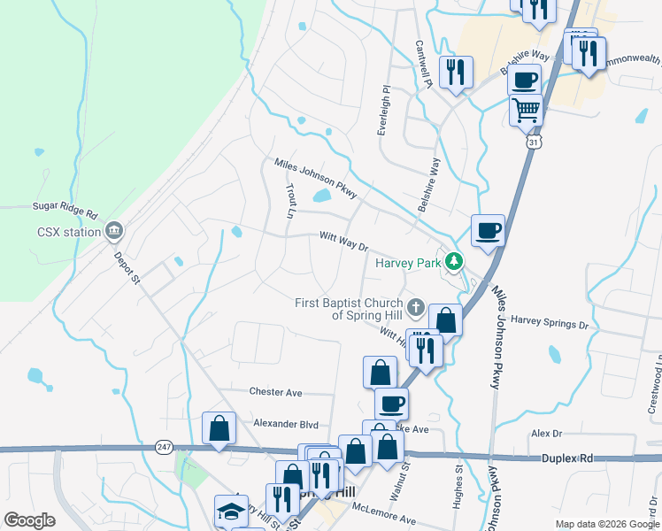 map of restaurants, bars, coffee shops, grocery stores, and more near 2018 Autumn Ridge Way in Spring Hill