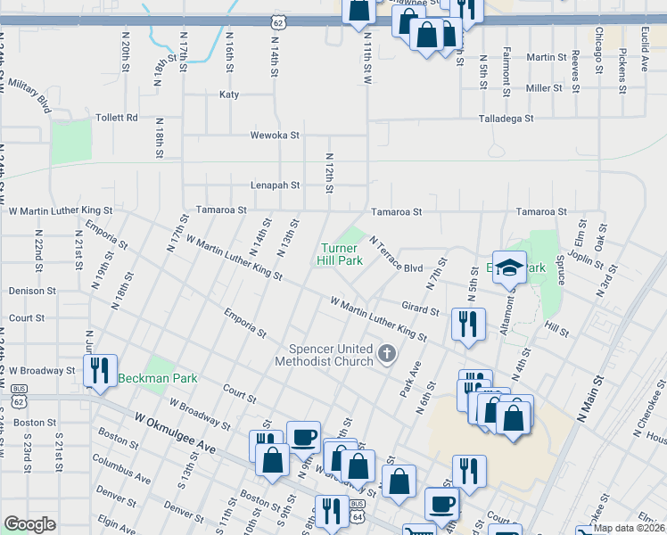 map of restaurants, bars, coffee shops, grocery stores, and more near 1103 South Terrace Street in Muskogee