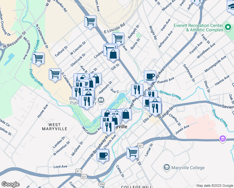 map of restaurants, bars, coffee shops, grocery stores, and more near Maryville-Alcoa Greenway in Maryville