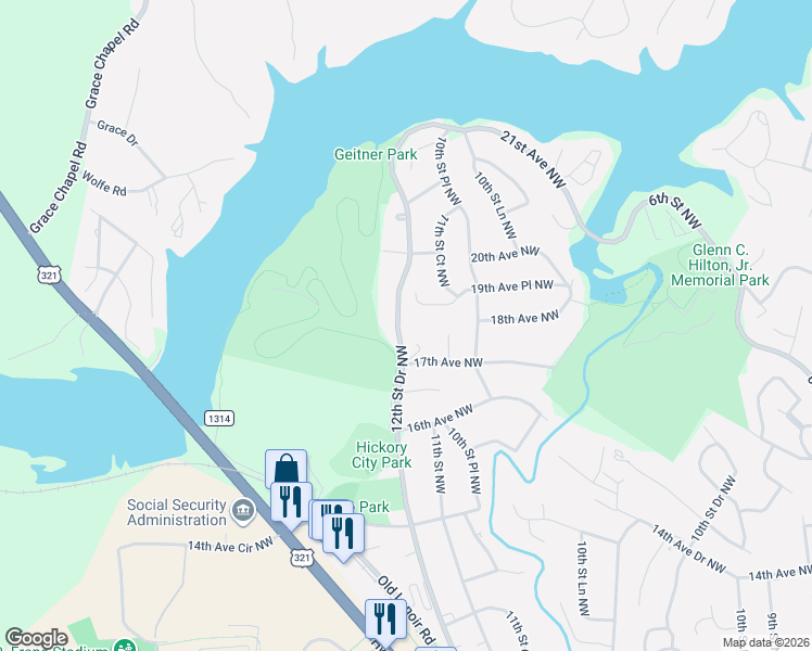 map of restaurants, bars, coffee shops, grocery stores, and more near 1756 12th Street Drive Northwest in Hickory