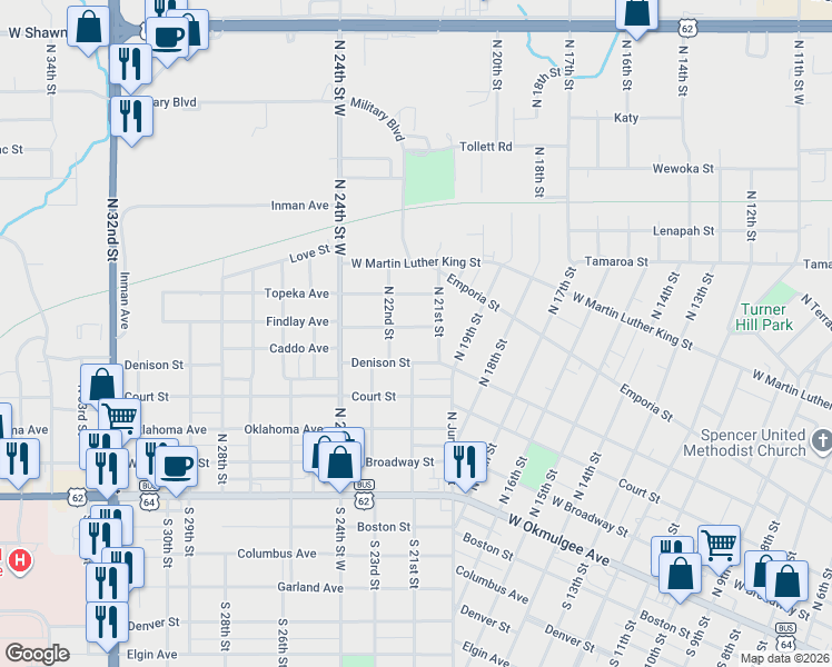 map of restaurants, bars, coffee shops, grocery stores, and more near 2117 Findlay Avenue in Muskogee