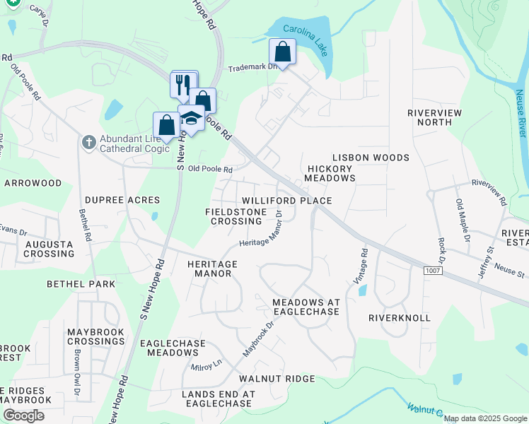 map of restaurants, bars, coffee shops, grocery stores, and more near 5100 Twisted Willow Way in Raleigh