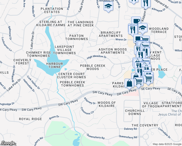 map of restaurants, bars, coffee shops, grocery stores, and more near 122 Flora McDonald Lane in Cary