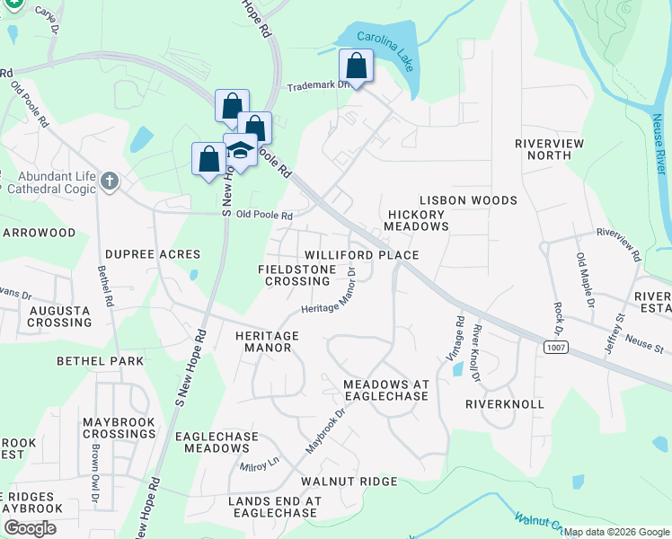 map of restaurants, bars, coffee shops, grocery stores, and more near 5104 Twisted Willow Way in Raleigh