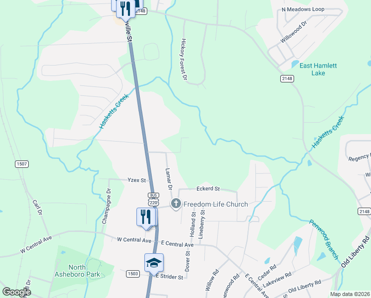 map of restaurants, bars, coffee shops, grocery stores, and more near 2142 Golda Avenue in Asheboro