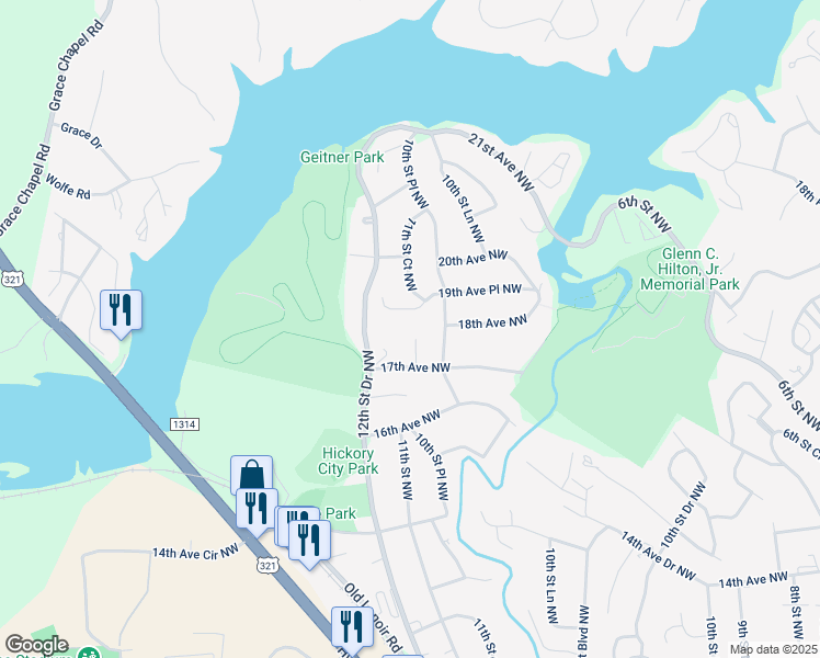 map of restaurants, bars, coffee shops, grocery stores, and more near 1745 10th Street Court Northwest in Hickory