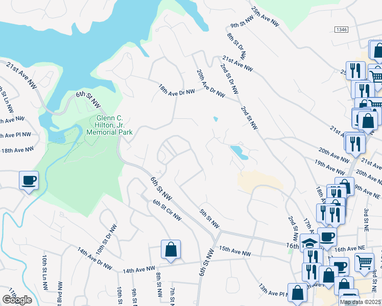 map of restaurants, bars, coffee shops, grocery stores, and more near 465 19th Avenue Circle Northwest in Hickory