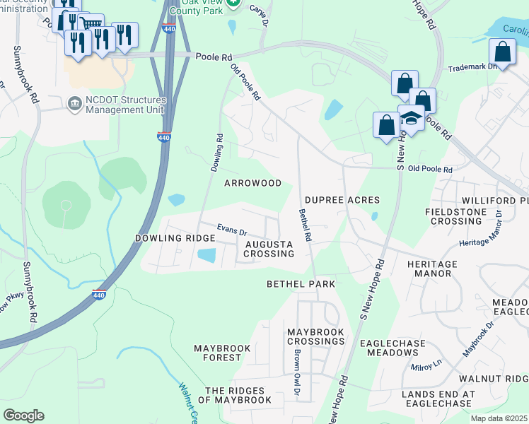 map of restaurants, bars, coffee shops, grocery stores, and more near 4037 Green Jacket Drive in Raleigh