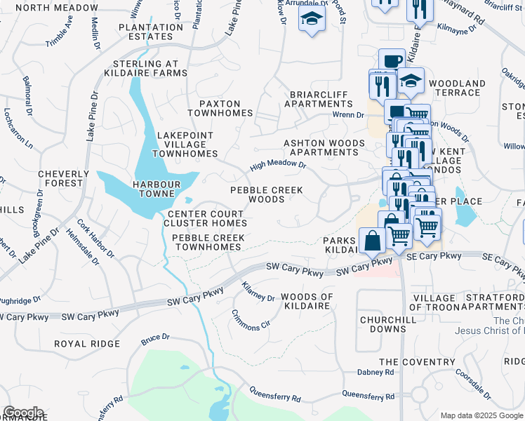 map of restaurants, bars, coffee shops, grocery stores, and more near 122 Flora McDonald Lane in Cary