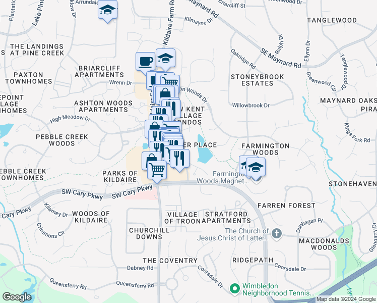 map of restaurants, bars, coffee shops, grocery stores, and more near 216 Hanover Place in Cary