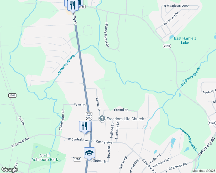 map of restaurants, bars, coffee shops, grocery stores, and more near 2142 Golda Avenue in Asheboro