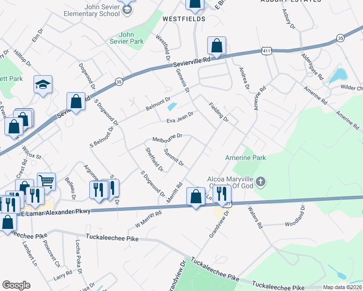 map of restaurants, bars, coffee shops, grocery stores, and more near 413 Greenhill Drive in Maryville