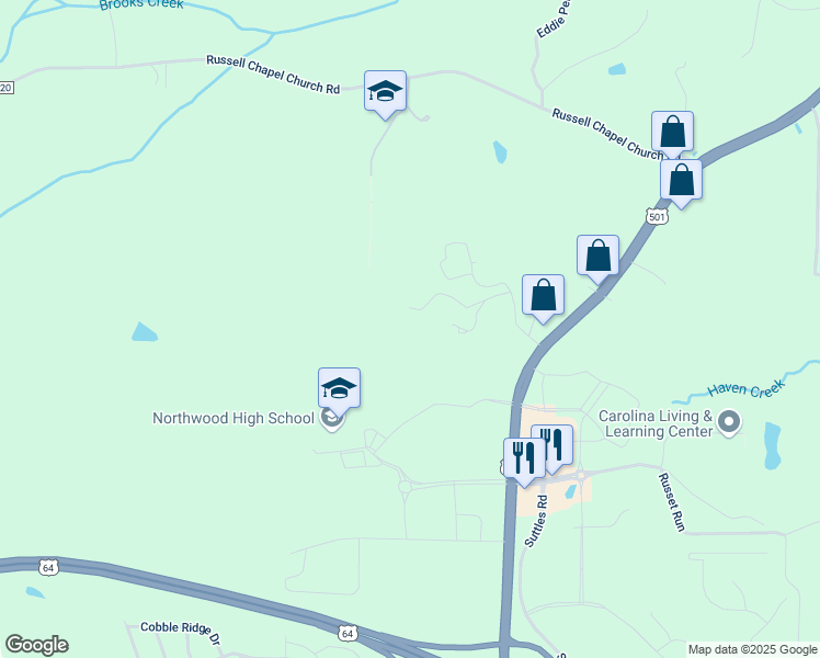 map of restaurants, bars, coffee shops, grocery stores, and more near 147 Oldham Place in Pittsboro