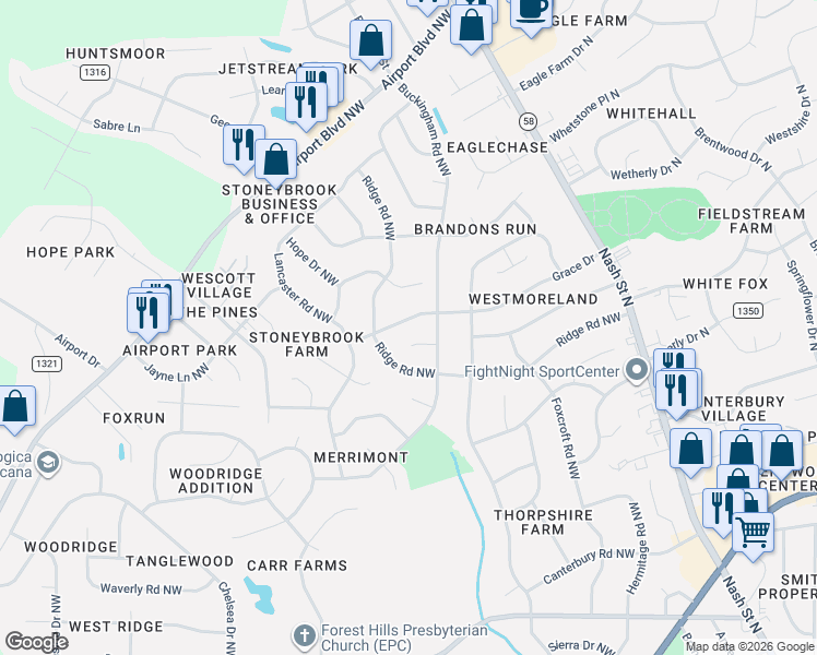 map of restaurants, bars, coffee shops, grocery stores, and more near 2613-2615 Nottingham Road Northwest in Wilson