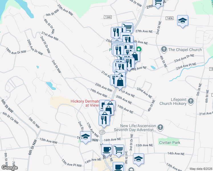 map of restaurants, bars, coffee shops, grocery stores, and more near 44 20th Avenue Northwest in Hickory