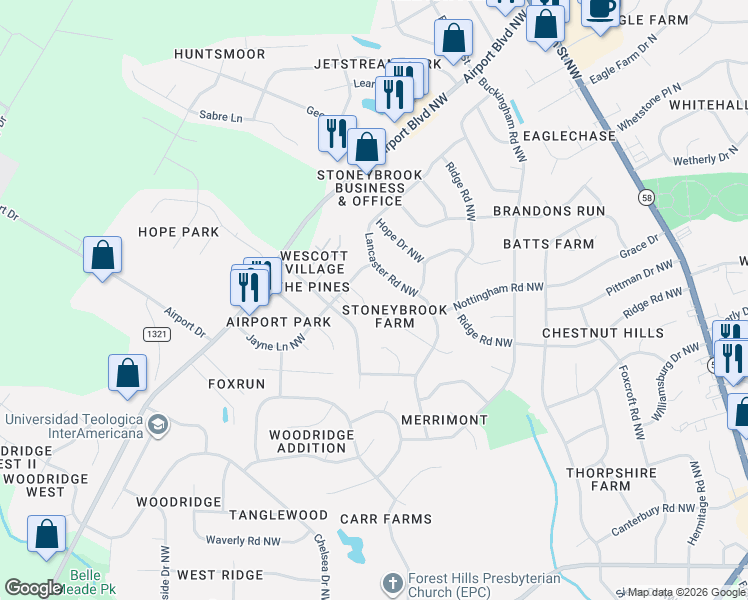map of restaurants, bars, coffee shops, grocery stores, and more near 3317 Brook Lane Northwest in Wilson