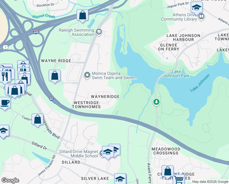 map of restaurants, bars, coffee shops, grocery stores, and more near 5343 Wayne Street in Raleigh