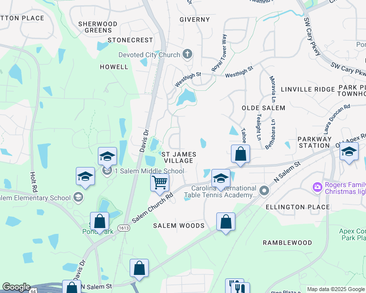 map of restaurants, bars, coffee shops, grocery stores, and more near 900 City Walls Street in Cary
