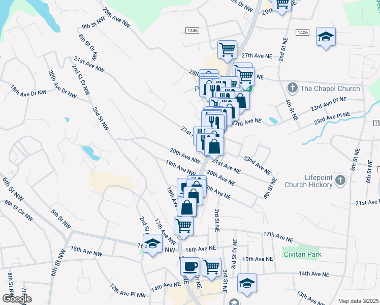 map of restaurants, bars, coffee shops, grocery stores, and more near 44 20th Avenue Northwest in Hickory
