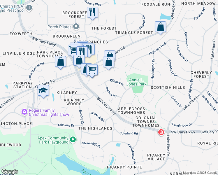 map of restaurants, bars, coffee shops, grocery stores, and more near 1316 Rothes Road in Cary