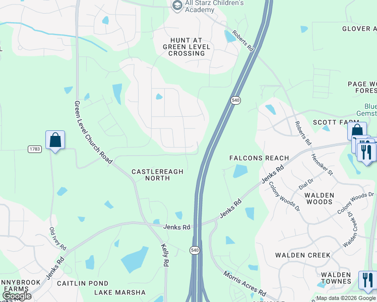 map of restaurants, bars, coffee shops, grocery stores, and more near 601 Brook Pine Trail in Apex