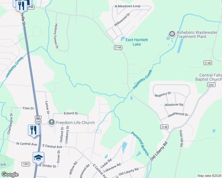map of restaurants, bars, coffee shops, grocery stores, and more near 472 Angus Trail in Randleman