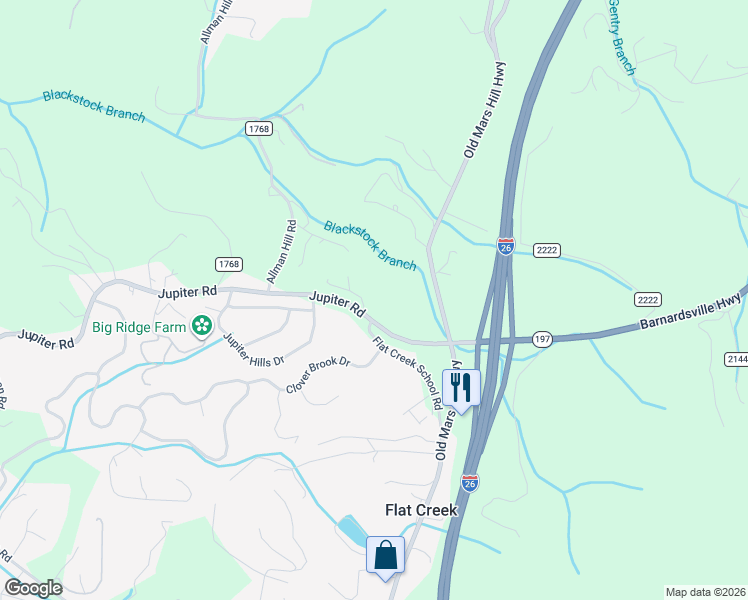 map of restaurants, bars, coffee shops, grocery stores, and more near 61 Jupiter Road in Weaverville