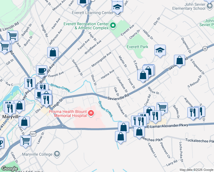 map of restaurants, bars, coffee shops, grocery stores, and more near 1323 McAdams Avenue in Maryville