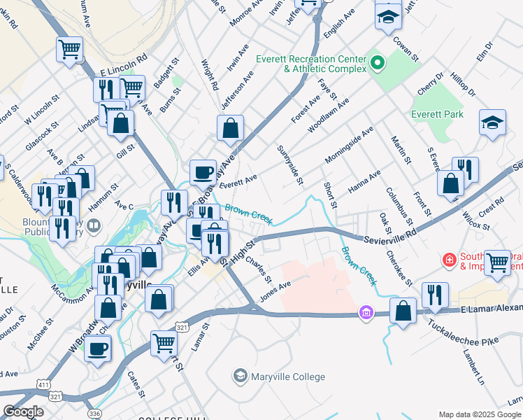 map of restaurants, bars, coffee shops, grocery stores, and more near 507 Keeble Street in Maryville