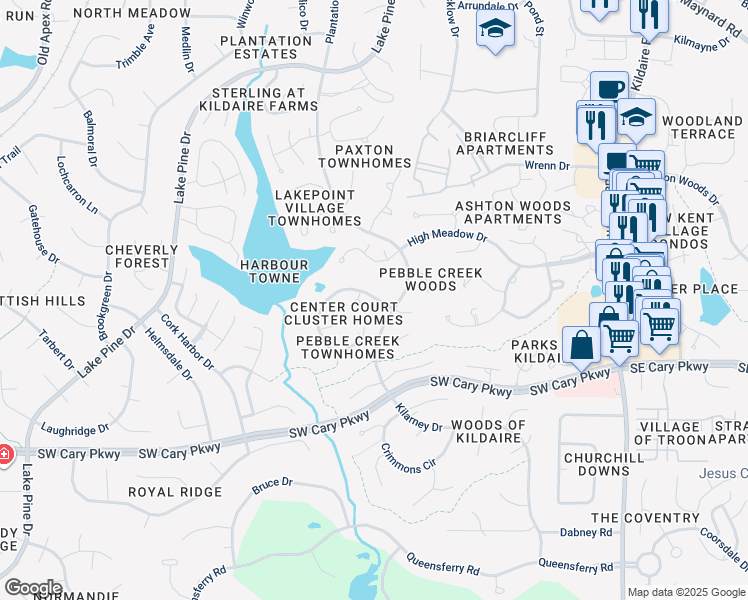 map of restaurants, bars, coffee shops, grocery stores, and more near 102 Wimbledon Court in Cary