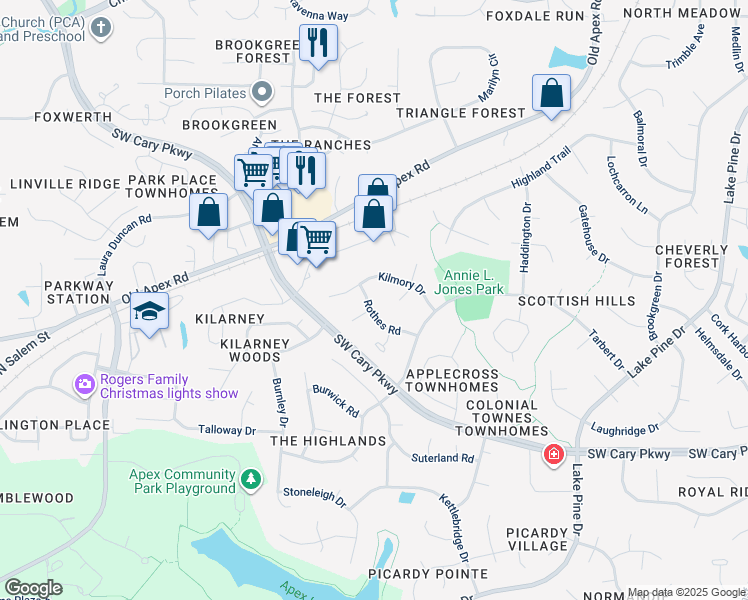 map of restaurants, bars, coffee shops, grocery stores, and more near 1316 Rothes Road in Cary