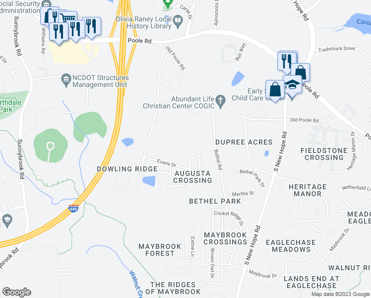 map of restaurants, bars, coffee shops, grocery stores, and more near 4029 Green Jacket Drive in Raleigh