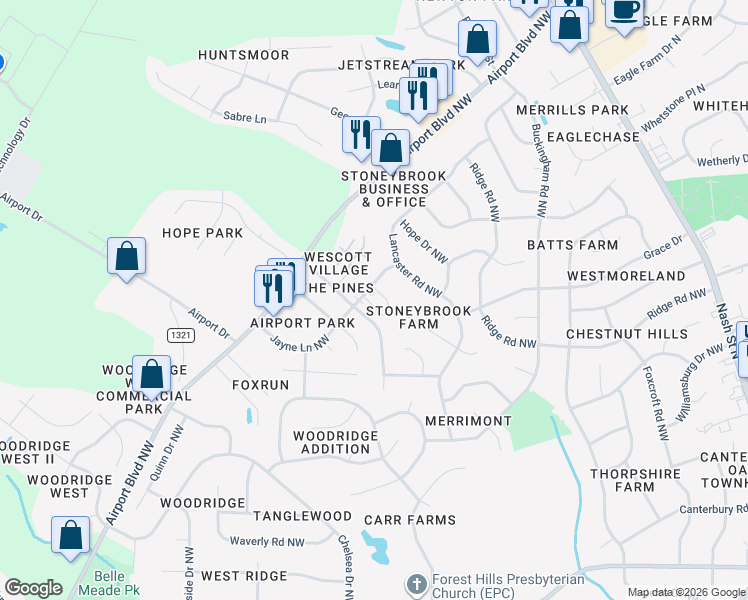 map of restaurants, bars, coffee shops, grocery stores, and more near 3407 Jayne Lane Northwest in Wilson