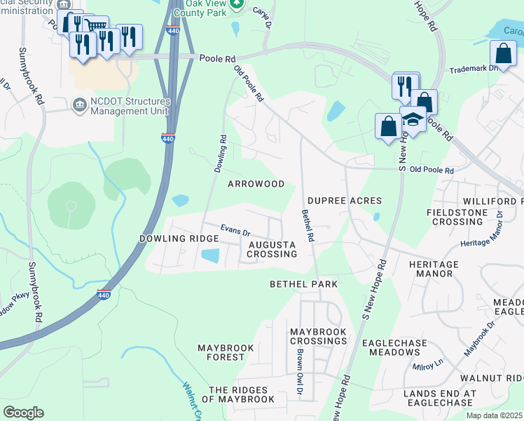map of restaurants, bars, coffee shops, grocery stores, and more near 4029 Green Jacket Drive in Raleigh
